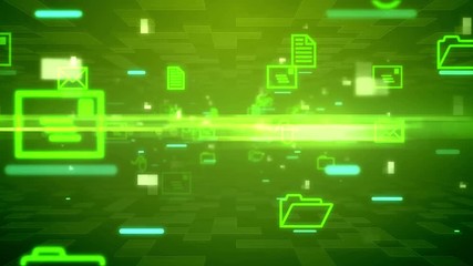 Poster - abstract background with computer icon signs flying at the camera on a green background. seamless lo