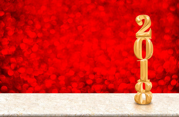 Poster - New Year 2018 gold glossy number ( 3d rendering ) on marble table with red sparkling bokeh lights wall,Holiday celebration concept