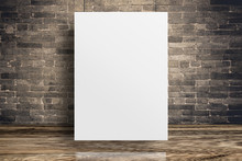 Blank White Paper Poster Hanging At Grunge Brick Wall And Wood Floor,Mock Up Template For Adding Your Content Or Design,Business Presentation.