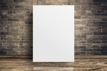 Leinwandbilder - Blank white paper poster hanging at grunge brick wall and wood floor,Mock up template for adding your content or design,Business presentation.
