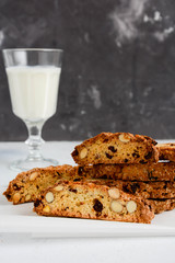 Biscotti or cantucci with almond and dried cranberries. Traditional Italian biscuit or cookie.