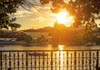 Sunny colorful evening in Prague. View of Prague Castle from Vltava river.