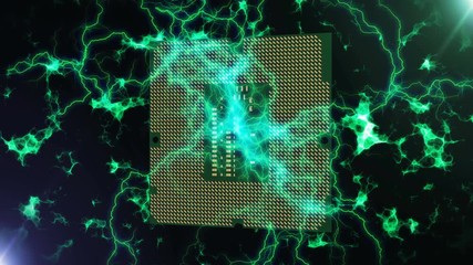 Poster - The abstract CPU processor rotates in electric field. Concept of modern technologies.
