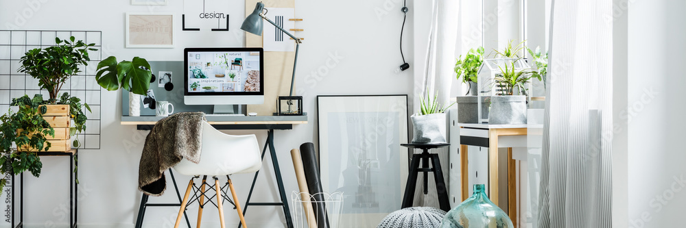 Panorama of freelancer's apartment interior - obrazy, fototapety, plakaty 