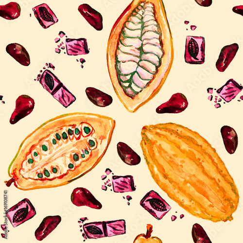 cacao-tree-theobroma-dojrzale-fasola-plasterki-fasoli-i-czekolady-wzor-bez-szwu-recznie-malowane-akwarela-ilustracja-miekkie