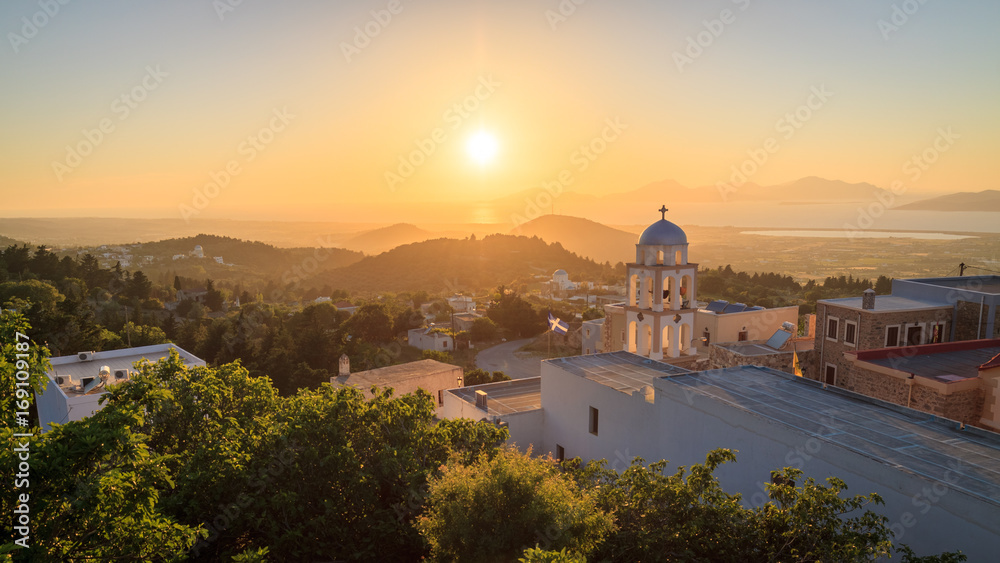 Sunset view from Asfendiou village in Kos island Greece - obrazy, fototapety, plakaty 