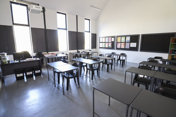Sunlit modern elementary school classroom