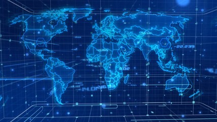 Poster - Future 3D rendering of the hollographic news map, which rotates inside some light blue cube covered with the grid of communication lines flashes in blue shadows