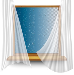 Poster - Wooden window frame with curtains and water droplets on the transparent background. Vector