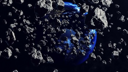 Wall Mural - a lot of 3d asteroids fly on the camera. the earth planet in backdrop. 3d rendering.