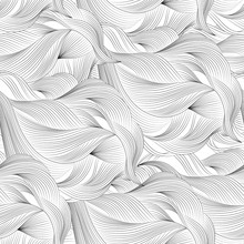Abstract Cartoon Black White Background, Wallpaper. Doodle Pattern Sea Waves, Ocean, River, Wind. Seamless Texture Fabric, Printing, Web Design, Card, Poster, Flyer, Banner, Packaging, Wrapping
