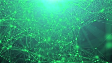 Poster - Flying through Plexus fantasy abstract technology network with a green background. Seamless loop.