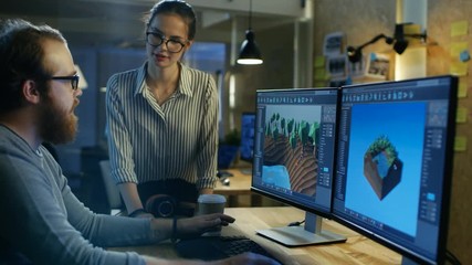 Poster - Male Game Developer Talks with Artistic Female Level Designer. Two Displays Show Totally Original Game. They Work in a Creative Office Loft. Shot on RED EPIC-W 8K Helium Cinema Camera.