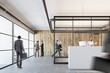 Wooden and glass office, white reception, closeup