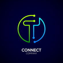 Letter T Logo, Circle Shape Symbol, Green And Blue Color, Technology And Digital Abstract Dot Connection