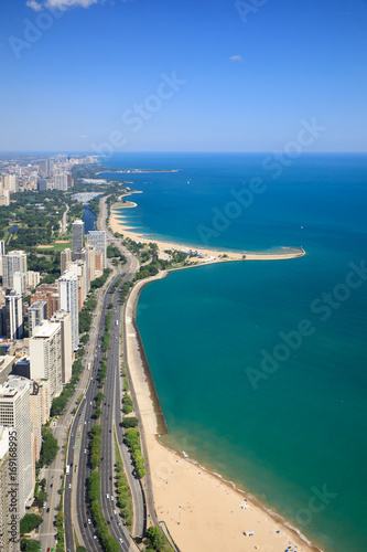Plakat Chicago, przejażdżka brzegiem jeziora, jezioro Michigan, North Avenue Beach, widok z lotu ptaka,