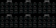 Six Year Calendar - 2018, 2019, 2020, 2021, 2022 And 2023 In Black Background.