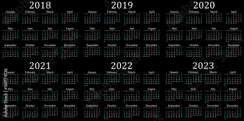 Poster Six year calendar - 2018, 2019, 2020, 2021, 2022 and 2023 in black background