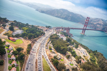 Aerial View Of San Francisco Golden Gate Bridge And US Highway 101 From Helicopter