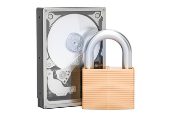 Poster - Hard Disk Drive HDD with padlock. Security and protection concept, 3D rendering