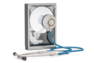 Poster - Hard Disk Drive HDD with stethoscope. Recovery and repair concept, 3D rendering