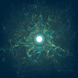 Big data circle particle grid explosion with bokeh. Ai abstract vector flare background. Futuristic dust.