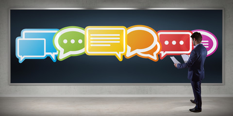 Wall Mural - businessman using social network interface on a board 3d rendering