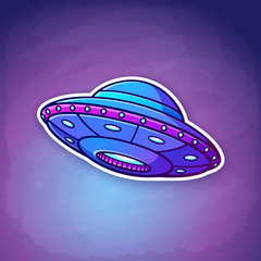 Wall Mural - Vector illustration. Toy UFO with lights flying on the space background. Alien space ship. Sticker in cartoon style with contour. Futuristic unknown flying object. Isolated on dark background