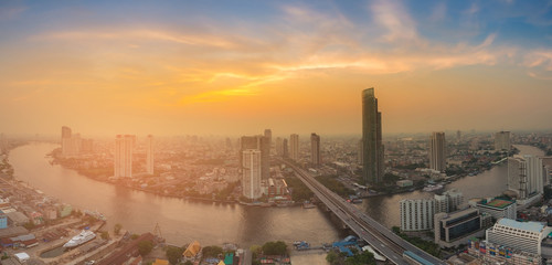 Panorama city river curved with sunset sky background, Bangkok Thailand