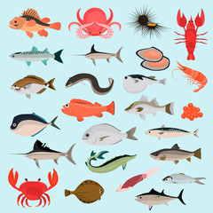 Wall Mural - Big color flat sea animals and food icons for web and mobile design