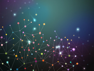 Poster - Abstract background with mesh and colorful dots, lights and lines. Technology concept.