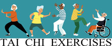 Diverse Group Of Senior Citizens Doing Tai Chi Exercise, EPS 8 Vector Illustration