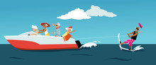 Group Of Active Seniors Riding A Motorboat And Water Skiing, EPS 8 Vector Illustration