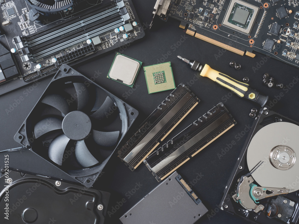 top view of computer parts with harddisk, ram, CPU, graphics card, SSD ...
