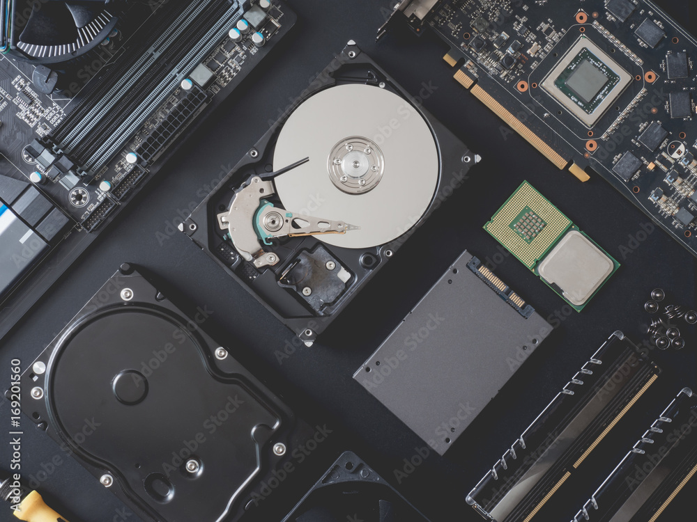 top view of computer parts with harddisk, ram, CPU, graphics card, SSD ...
