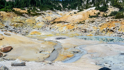  Bumpass Hell hydrothermal area viewed from boardwalk, displaying creeks with sulfur water 