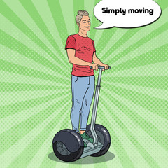 Pop Art Young Man Using Segway. Urban Transport. Vector illustration