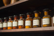Vintage alchemy chemistry workshop rack shelf and glass vials ingredients