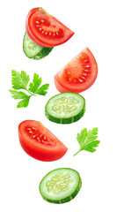 Poster - Isolated vegetables. Mixed slices of cucumber and tomato floating in the air isolated on white with clipping path