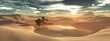 Leinwandbild Motiv Beautiful oasis in the sandy desert, panorama of the desert landscape, sunset over the sands, 3D rendering
