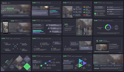 Blue-green and purple elements for infographics on a dark background. Presentation templates. Use in presentation, flyer and leaflet, corporate report, marketing, advertising, annual report, banner.