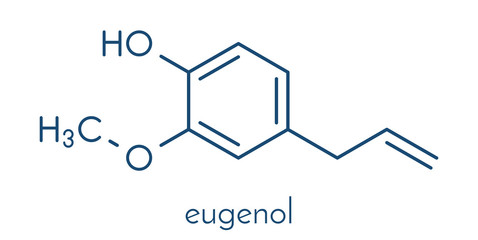 Poster - eugenol herbal essential oil molecule. present in cloves, nutmeg, etc. skeletal formula.