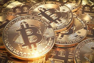 Poster - Bitcoins hepa. Golden virtual currency coins background..