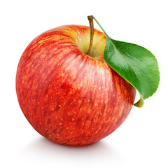 Wall Mural - One ripe red apple fruit with green leaf isolated on white background with clipping path