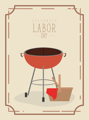 Wall Mural - color poster frame with barbecue grill and basket picnic of celebrate happy labor day