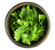Top view of fresh parsley leaves in bowl on white background