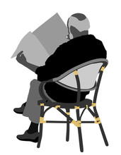 Senior Mature Man Sitting On A Chair In Coffee Shop Vector Silhouette Illustration. Business Man Reading Newspapers. Senior Gentleman Sitting On A Wooden Chair. 
