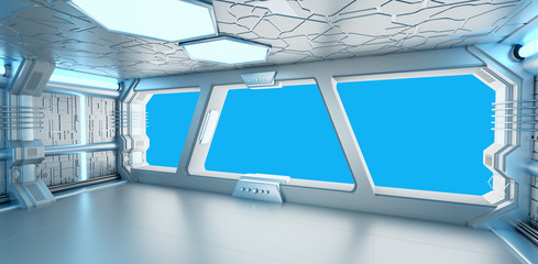 Wall Mural - spaceship blue and white interior 3d rendering