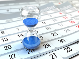 Fototapete - Concept of Time, calendar, organizing - 3d illustration of Hourgalss on calendar
