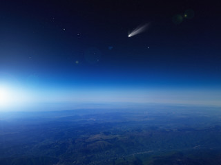 Wall Mural - bright comet, falling star in dark blue space